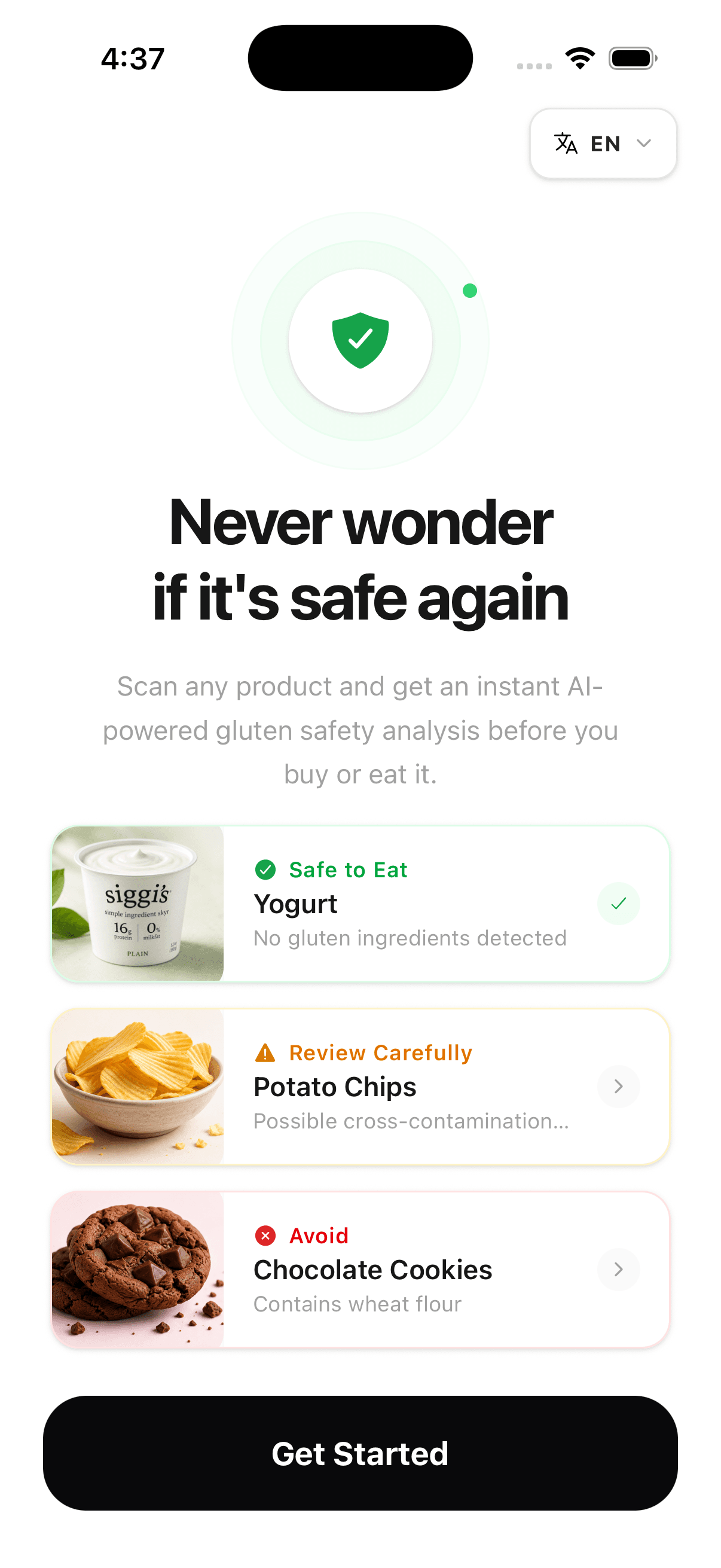 GlutenFree home showing safe, review and avoid product verdicts