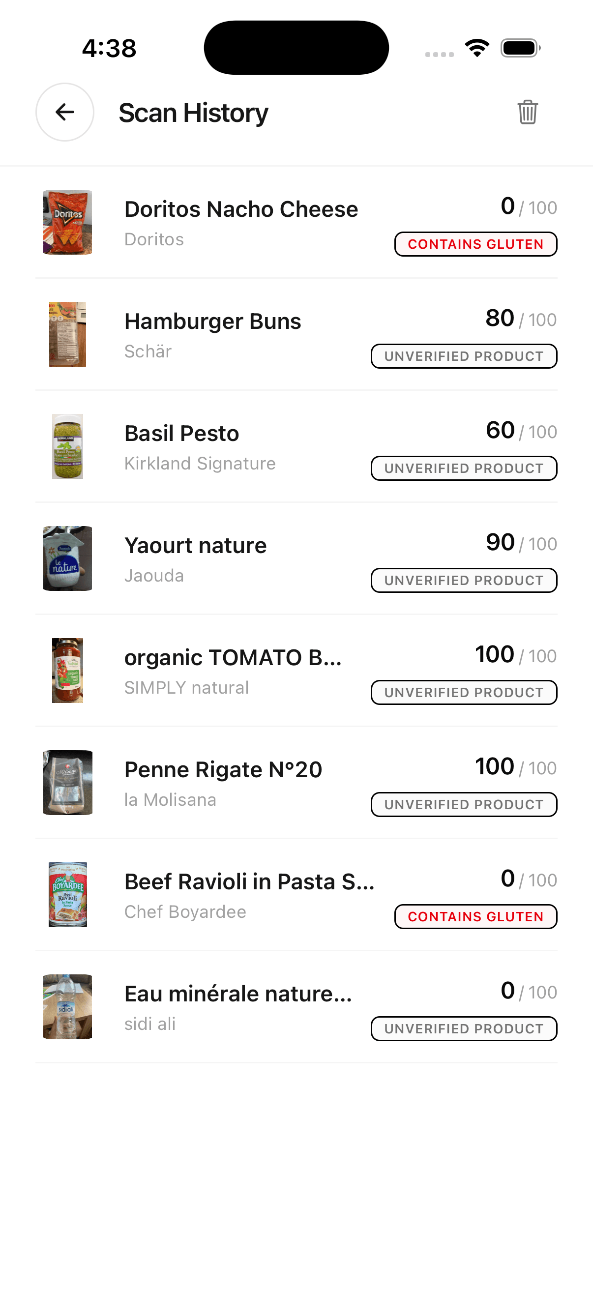 Scan history list with gluten safety scores
