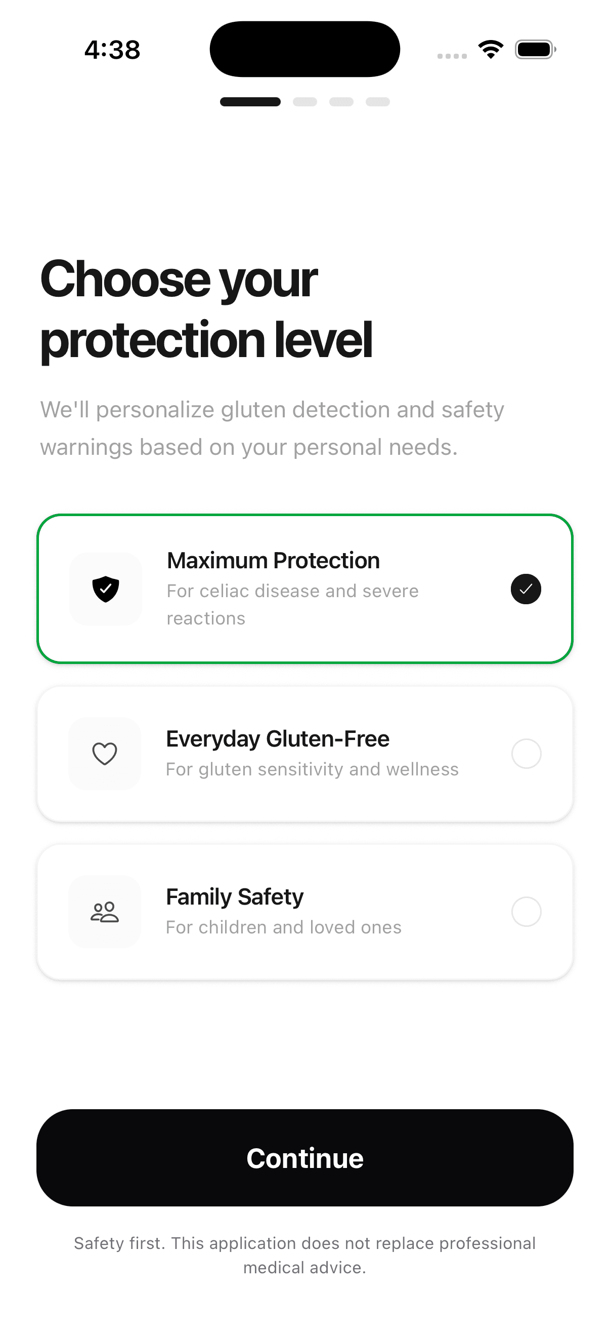 Choosing a protection level during onboarding